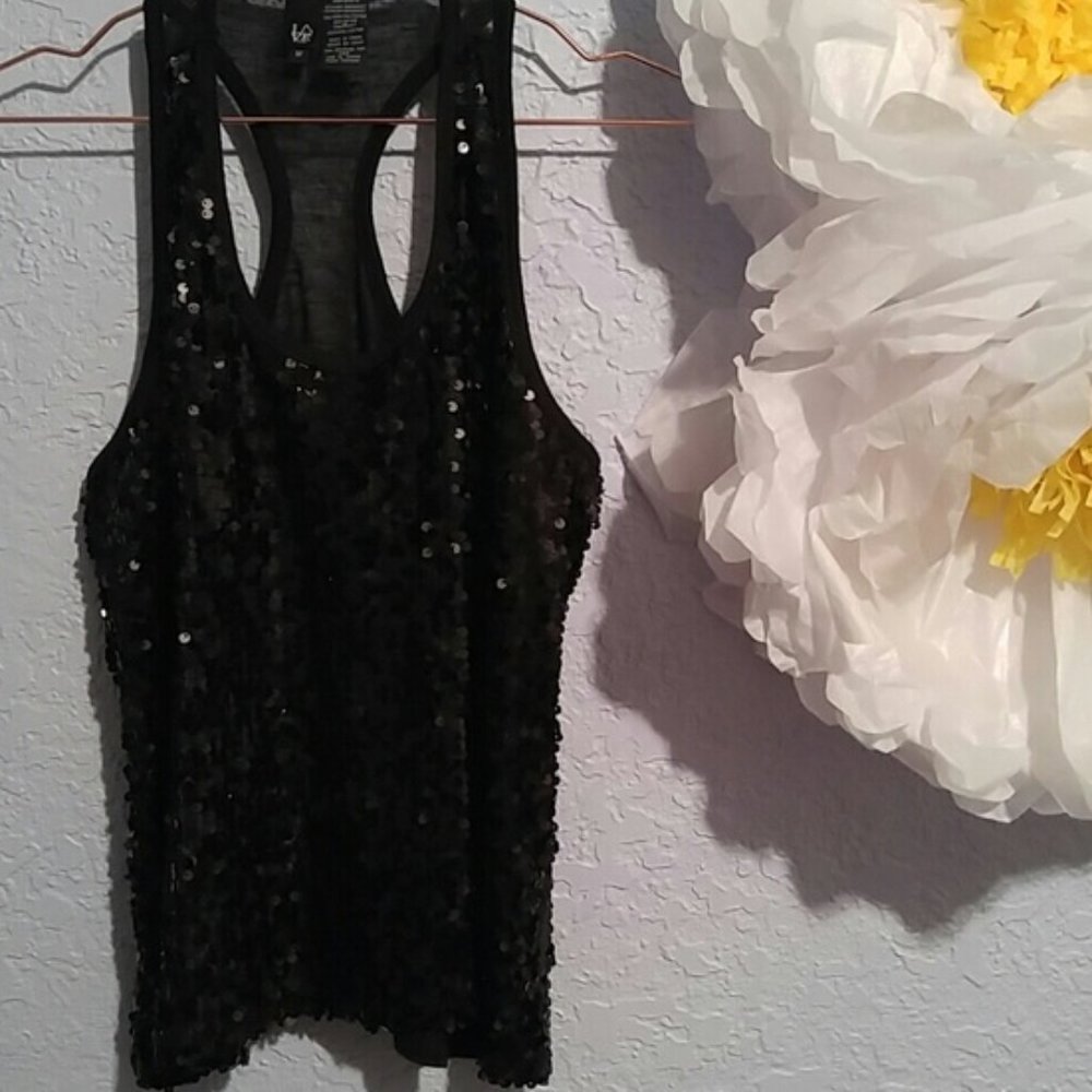 Love Tease Sequined Black Racer Back  Tank Top SZ M